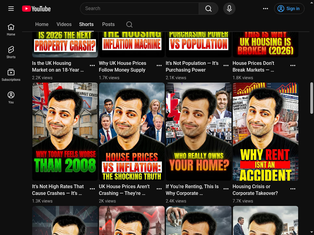 British Home Group YouTube Shorts grid showing creator-style thumbnails with bold facial expressions and high-contrast hook text